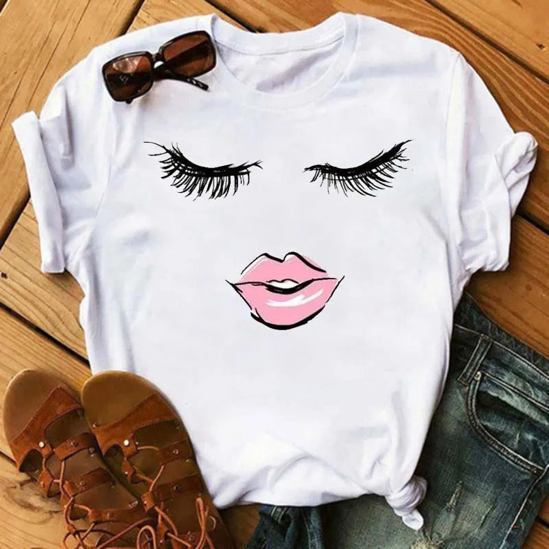 Maycaur moda gráfica mujeres Tops estampado de pestañas Kawaii pestañas mujeres camiseta divertida maquillaje estético camisa Camisas Mujer