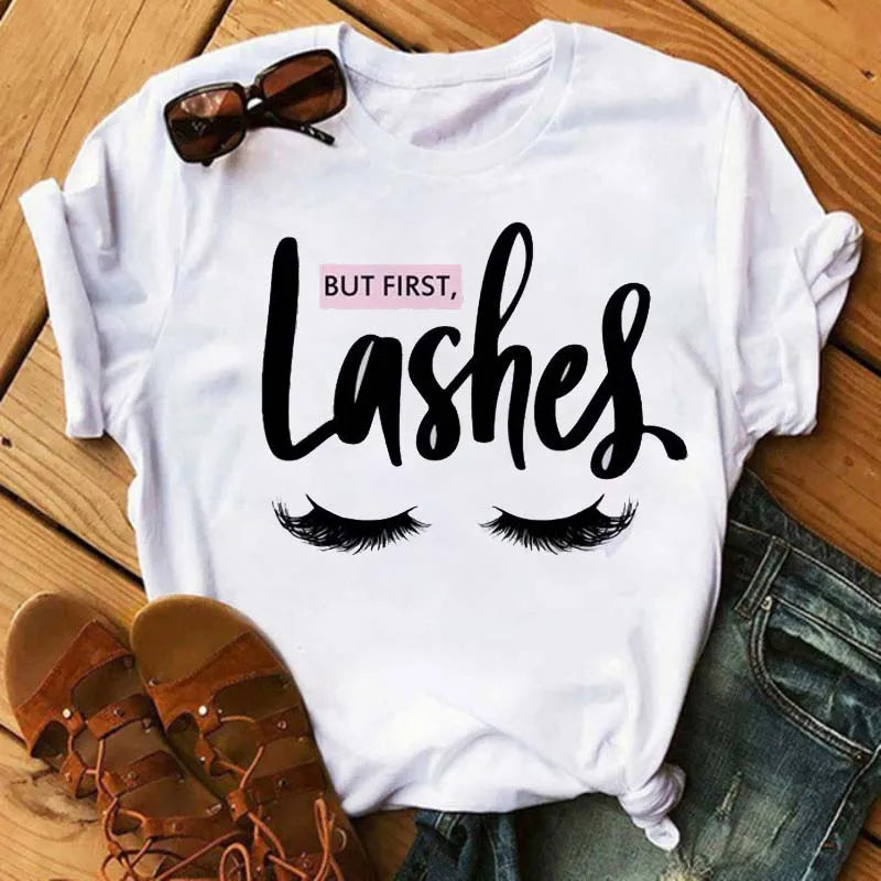 Maycaur moda gráfica mujeres Tops estampado de pestañas Kawaii pestañas mujeres camiseta divertida maquillaje estético camisa Camisas Mujer