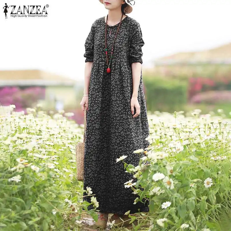 Vestido Floral Vintage mujer 2025 ZANZEA otoño Vestidos largos bohemios Casual manga larga Maxi Vestidos bata suelta Mujer de gran tamaño