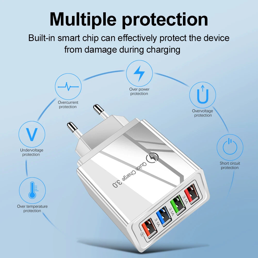 Cargador USB 3A, 4 puertos USB, carga rápida 3,0, enchufe UE EE. UU., cargador de teléfono móvil, adaptador de pared, carga rápida portátil para iPhone 16 Pro