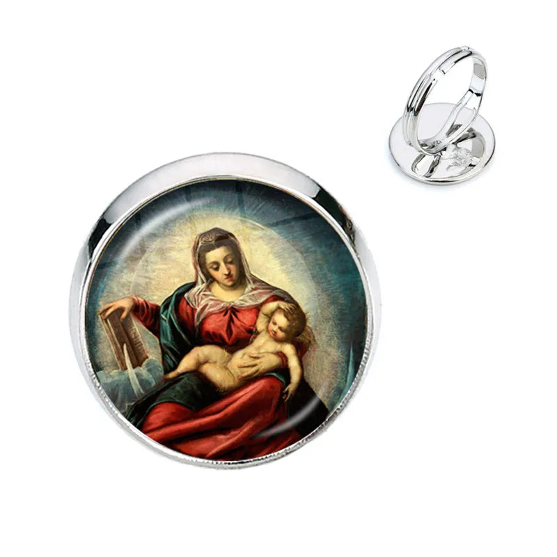 Anillo de la Virgen María, madre del bebé, Jesús, cúpula de cristal, Gema del tiempo, anillos ajustables para hombres y mujeres, joyería católica, regalo Cristiano