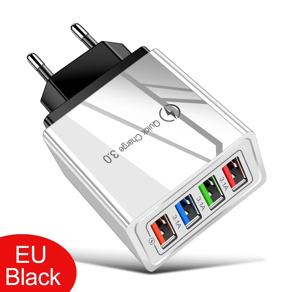 Cargador USB 3A, 4 puertos USB, carga rápida 3,0, enchufe UE EE. UU., cargador de teléfono móvil, adaptador de pared, carga rápida portátil para iPhone 16 Pro