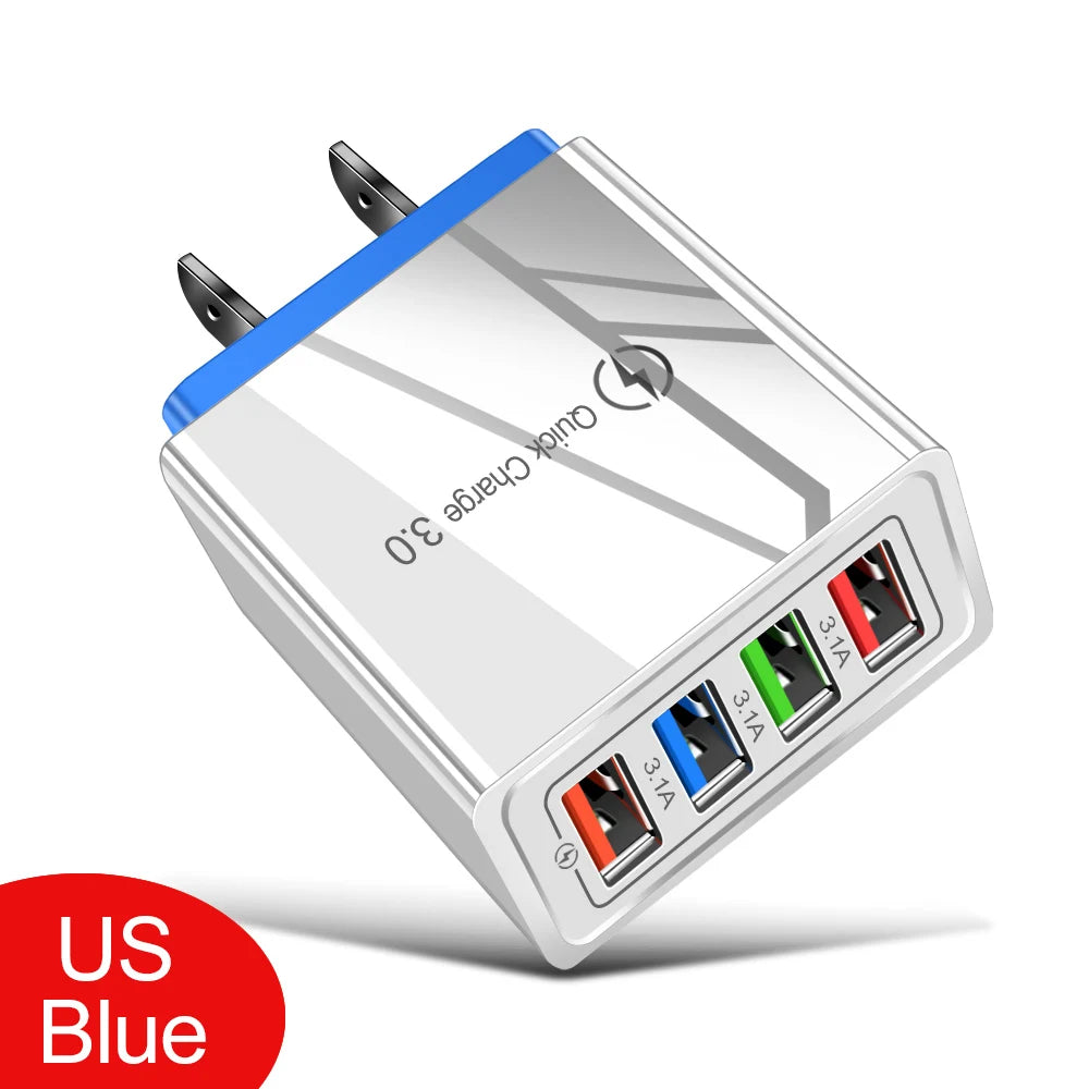 Cargador USB 3A, 4 puertos USB, carga rápida 3,0, enchufe UE EE. UU., cargador de teléfono móvil, adaptador de pared, carga rápida portátil para iPhone 16 Pro