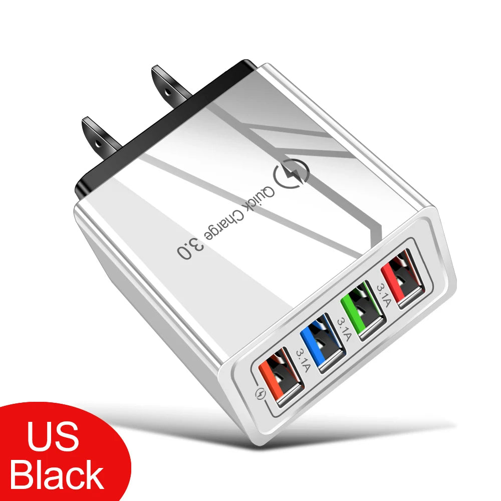 Cargador USB 3A, 4 puertos USB, carga rápida 3,0, enchufe UE EE. UU., cargador de teléfono móvil, adaptador de pared, carga rápida portátil para iPhone 16 Pro