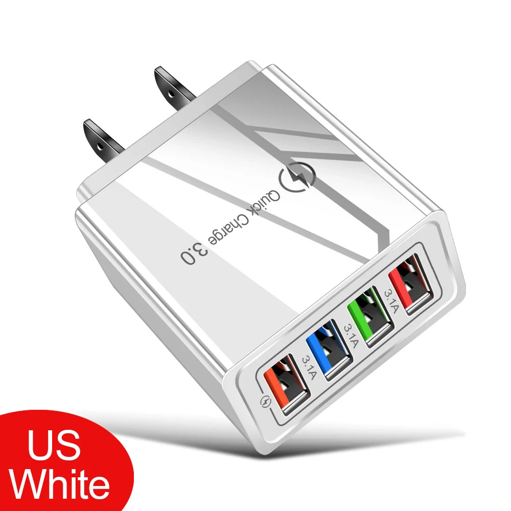 Cargador USB 3A, 4 puertos USB, carga rápida 3,0, enchufe UE EE. UU., cargador de teléfono móvil, adaptador de pared, carga rápida portátil para iPhone 16 Pro