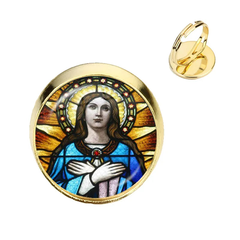 Anillo de la Virgen María, madre del bebé, Jesús, cúpula de cristal, Gema del tiempo, anillos ajustables para hombres y mujeres, joyería católica, regalo Cristiano