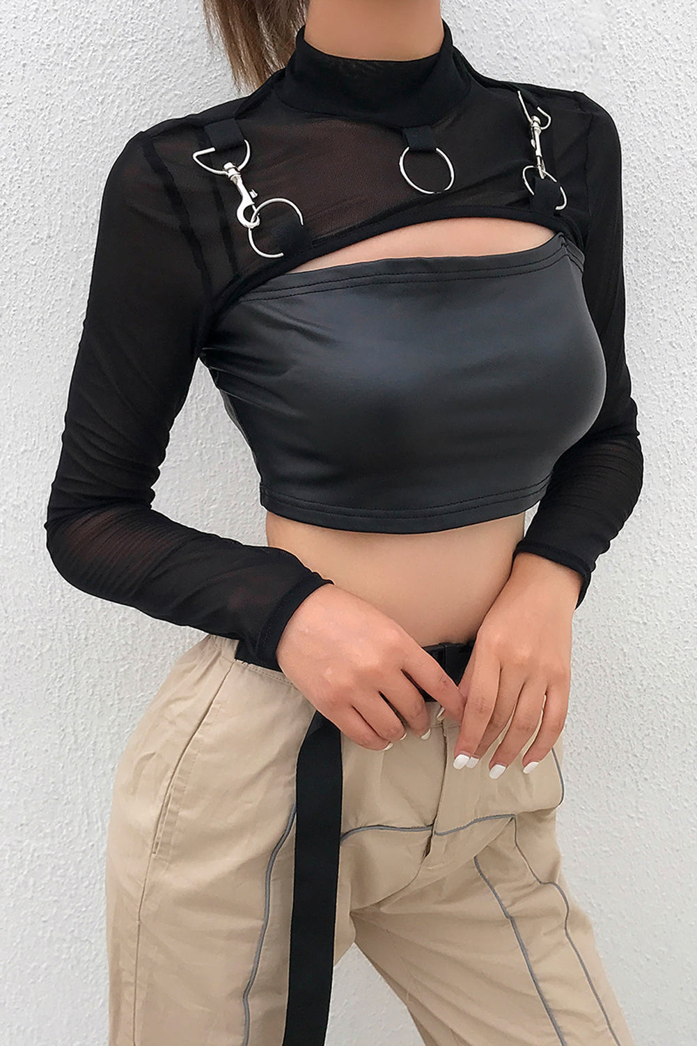 Camisetas transparentes de malla para mujer, Tops cortos de manga larga con cuello redondo, transparentes, Sexy, para fiesta y Club, color negro, Verano