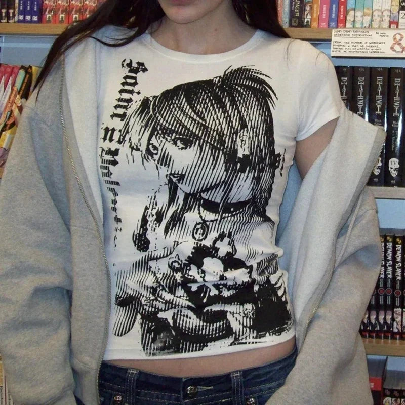 Y2k-Camiseta con estampado de texto para mujer, cuello redondo, montado en la calle, Harajuku, corte Retro Simple, hermosa camiseta informal Kawaii, 90' S