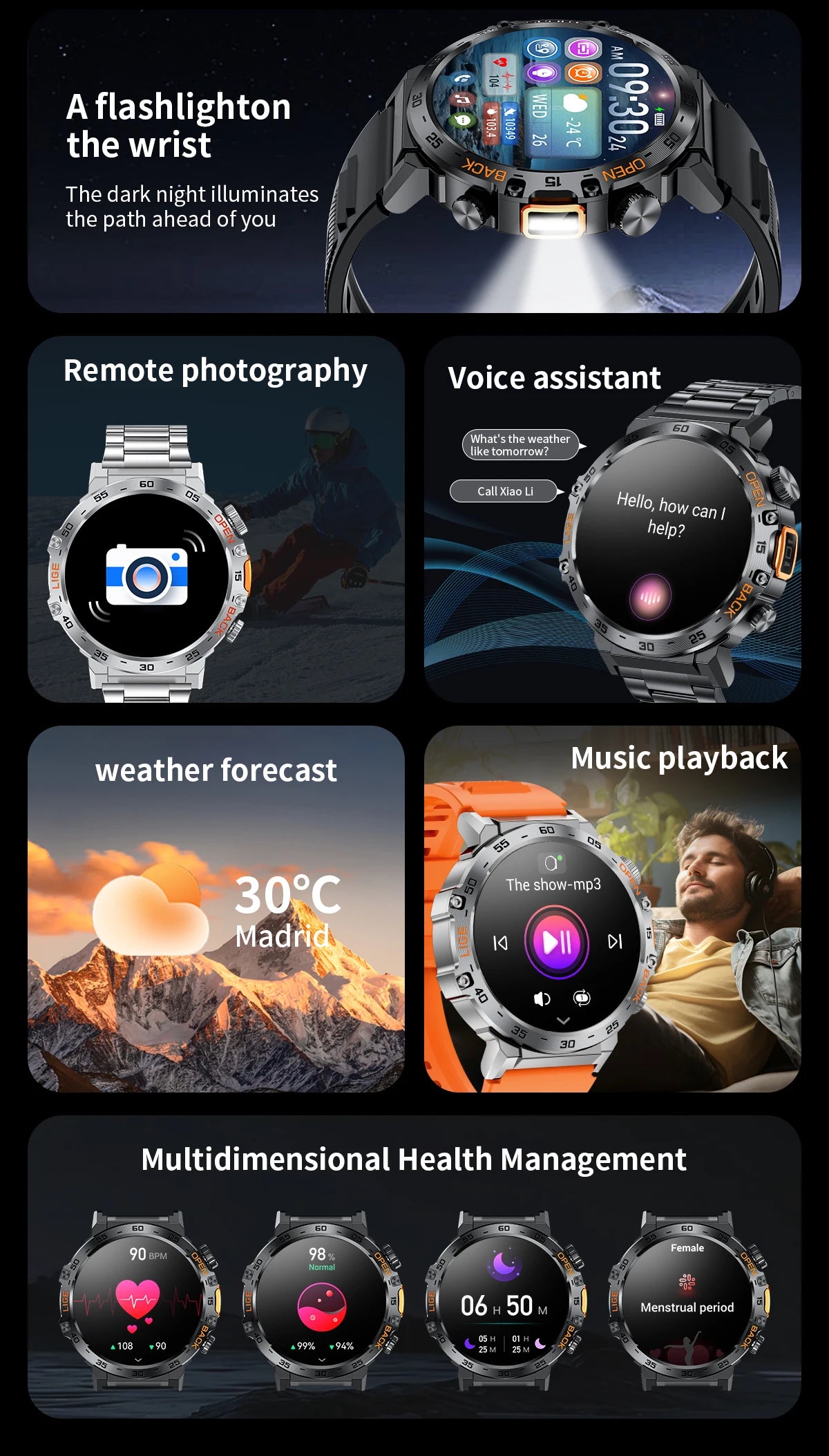 LIGE 2024 reloj inteligente para hombres 360*360 pantalla AMOLED HD relojes deportivos impermeables para Fitness linterna nueva reloj inteligente para hombres para Andrio IOS