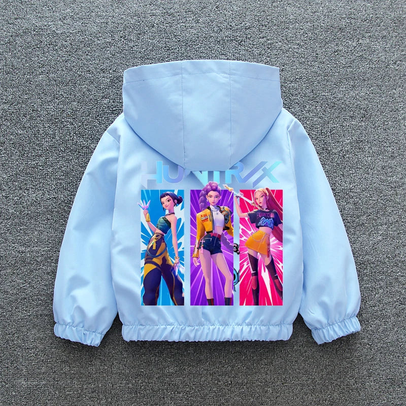 Chaqueta Cortavientos para Niñas Adolescentes K-pop Demon Hunters 2026 Primavera Otoño, Chaqueta con Capucha Estampada de Dibujos Animados, Ropa Exterior Impermeable