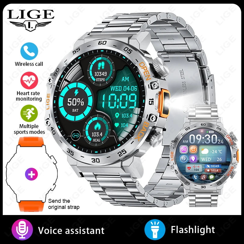 LIGE 2024 reloj inteligente para hombres 360*360 pantalla AMOLED HD relojes deportivos impermeables para Fitness linterna nueva reloj inteligente para hombres para Andrio IOS