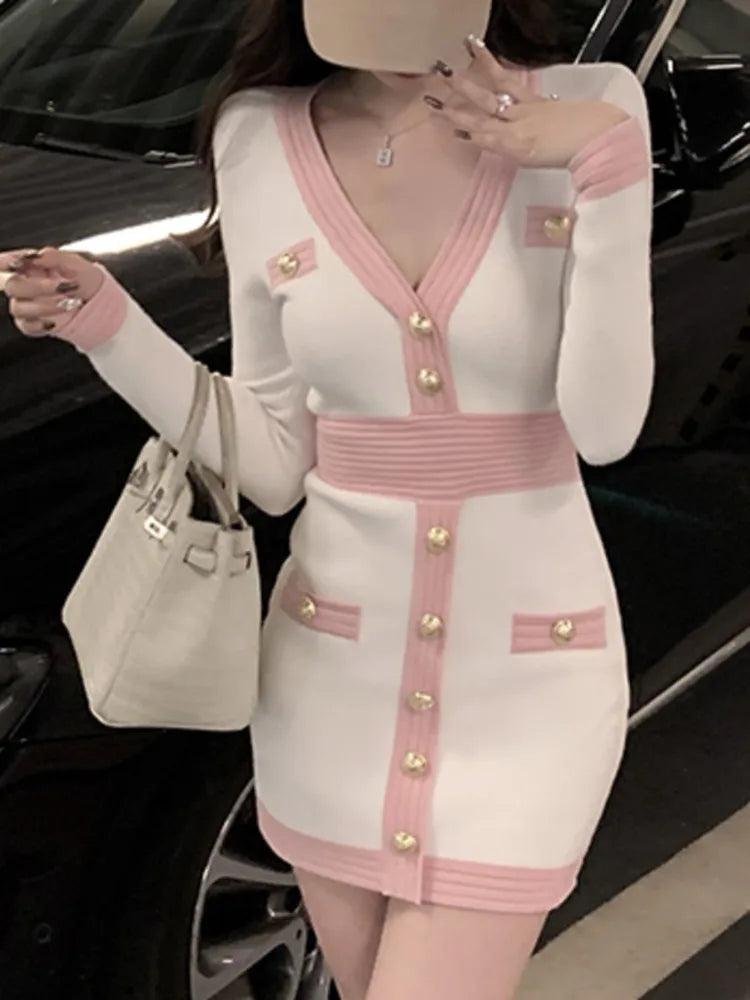 Otoño Invierno suéter vestidos femeninos mujeres Vintage manga larga ajustado Sexy ceñido al cuerpo vestido coreano moda Casual bata Mujer
