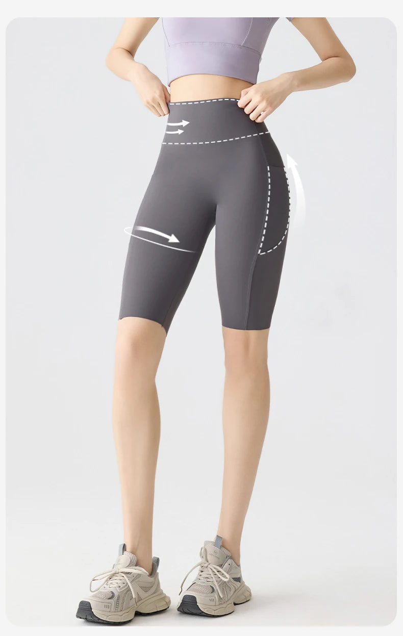 BIVIGAOS, pantalones cortos de verano con bolsillo para Yoga de piel de tiburón para bicicleta, pantalones cortos finos de cintura alta con realce, sensación desnuda, pantalones cortos deportivos para ciclismo y Fitness