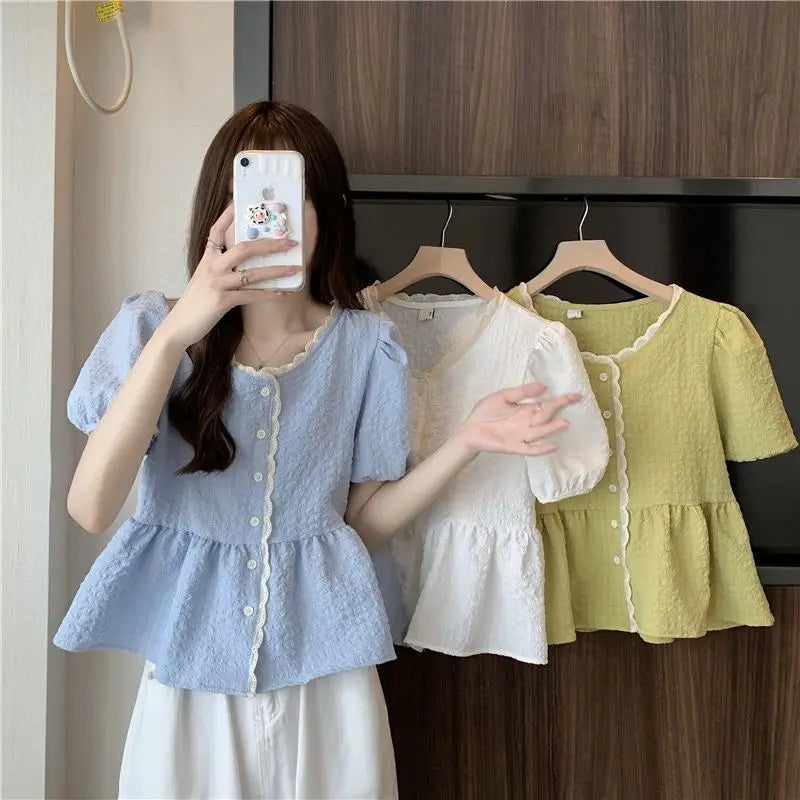 Blusa Casual de Verano 2024 Estilo Coreano con Encaje y Manga Corta, Blusa de Gasa con Manga Abullonada Antienvejecimiento y ...