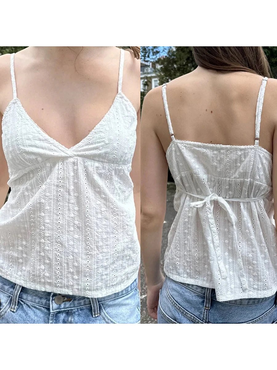 Camisola con ojales para mujer, camisetas sin mangas blancas de verano con espalda abierta y cuello en V, camisetas sin mangas informales