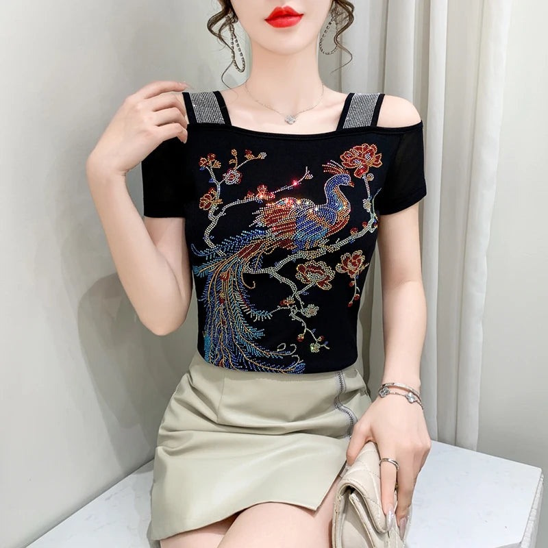 Ropa de calle europea, camiseta de marca para mujer, camisetas ajustadas de manga corta elegantes con diamantes brillantes para mujer