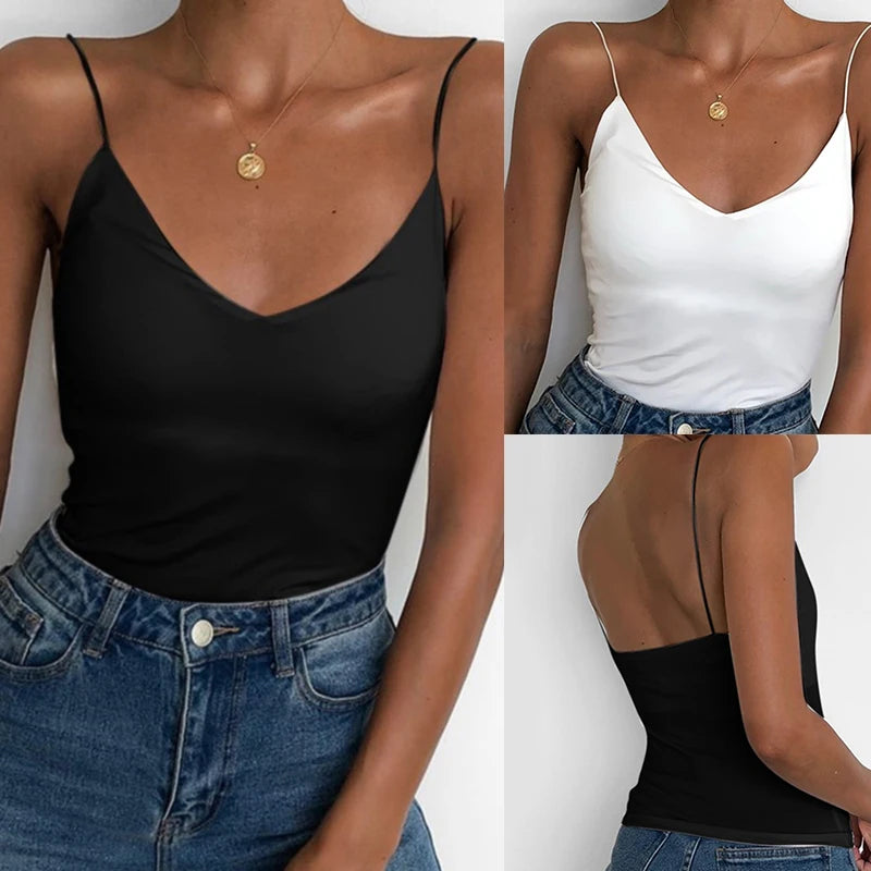Camiseta sin mangas Sexy de verano para mujer, Tops básicos con tirantes, camisola delgada sin mangas