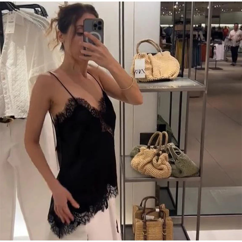 Verano mujeres Halter Top satén encaje empalmado tanque sin espalda cuello profundo Sexy chaleco dobladillo Irregular Vestidos 2025 señora vacaciones Sexy Tops