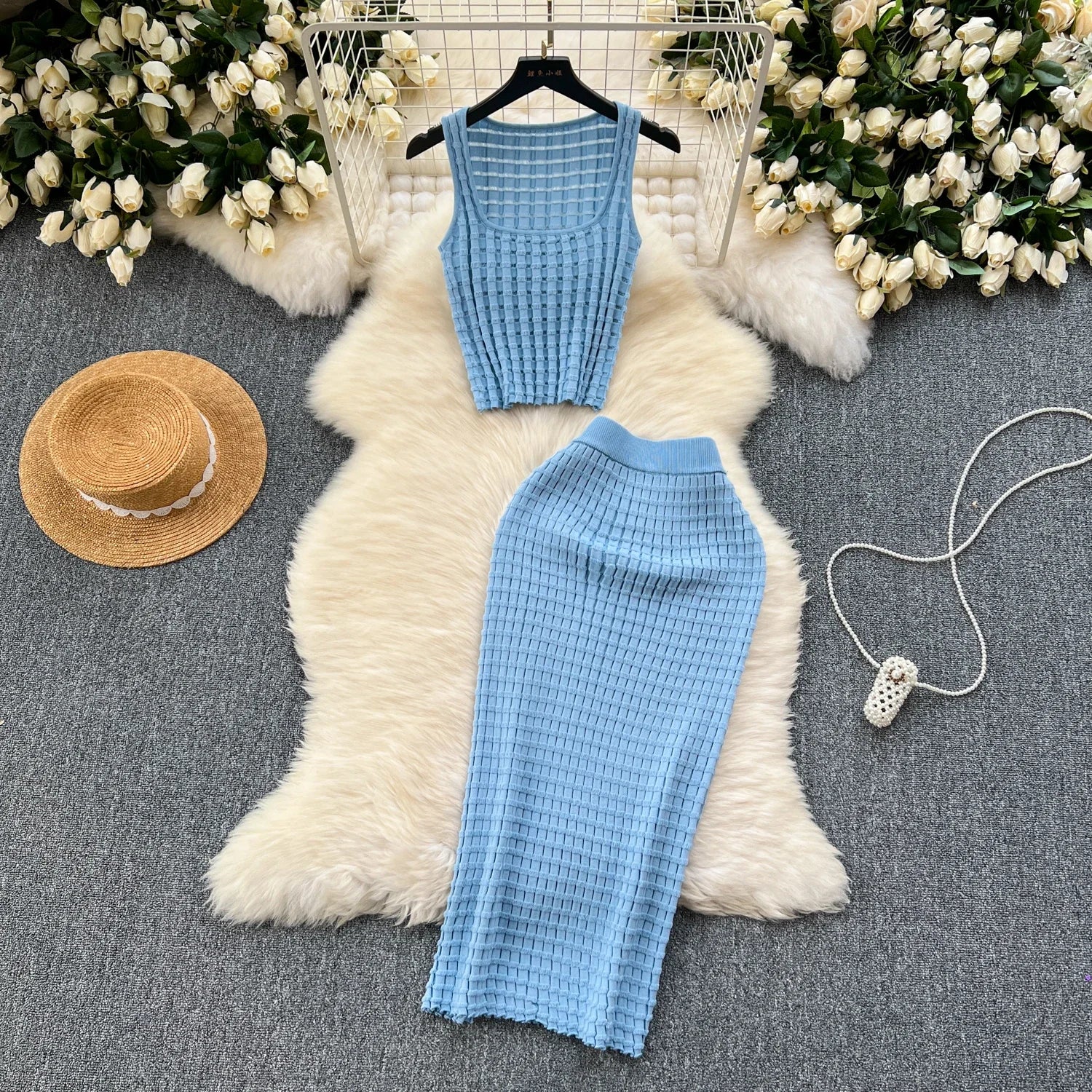 Conjunto de falda de moda de verano para mujer, camisetas sin mangas Sexy, cintura alta, Saya larga delgada, trajes de dos piezas, ropa de punto sólida