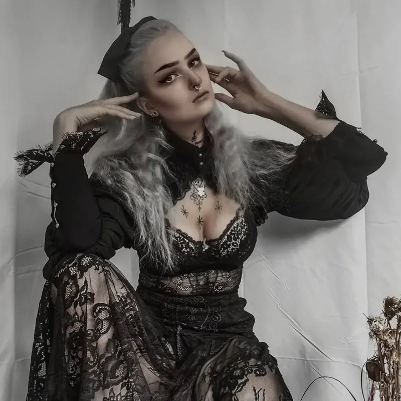 Blusa gótica con mangas abullonadas para Mujer, Top corto Sexy negro De manga larga para invierno, Blusas estéticas De hadas para Mujer De Moda 2022