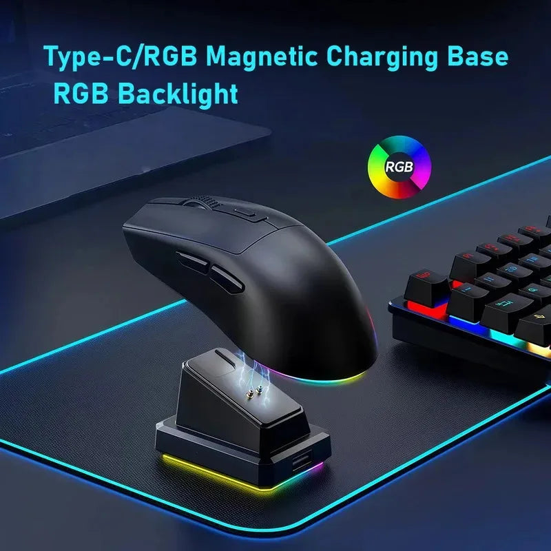 Ratón para Juegos de Última Generación con DPI Ajustable, Recargable, Inalámbrico, con Base de Carga, Bluetooth 2.4G, Modo Dual, RGB, Diseño Ergonómico