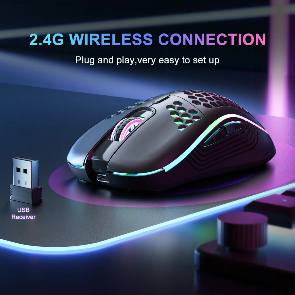 Ratón inalámbrico ligero con diseño de panal de abeja, Mouse recargable con retroiluminación RGB, receptor USB, DPI ajustable, 2,4G