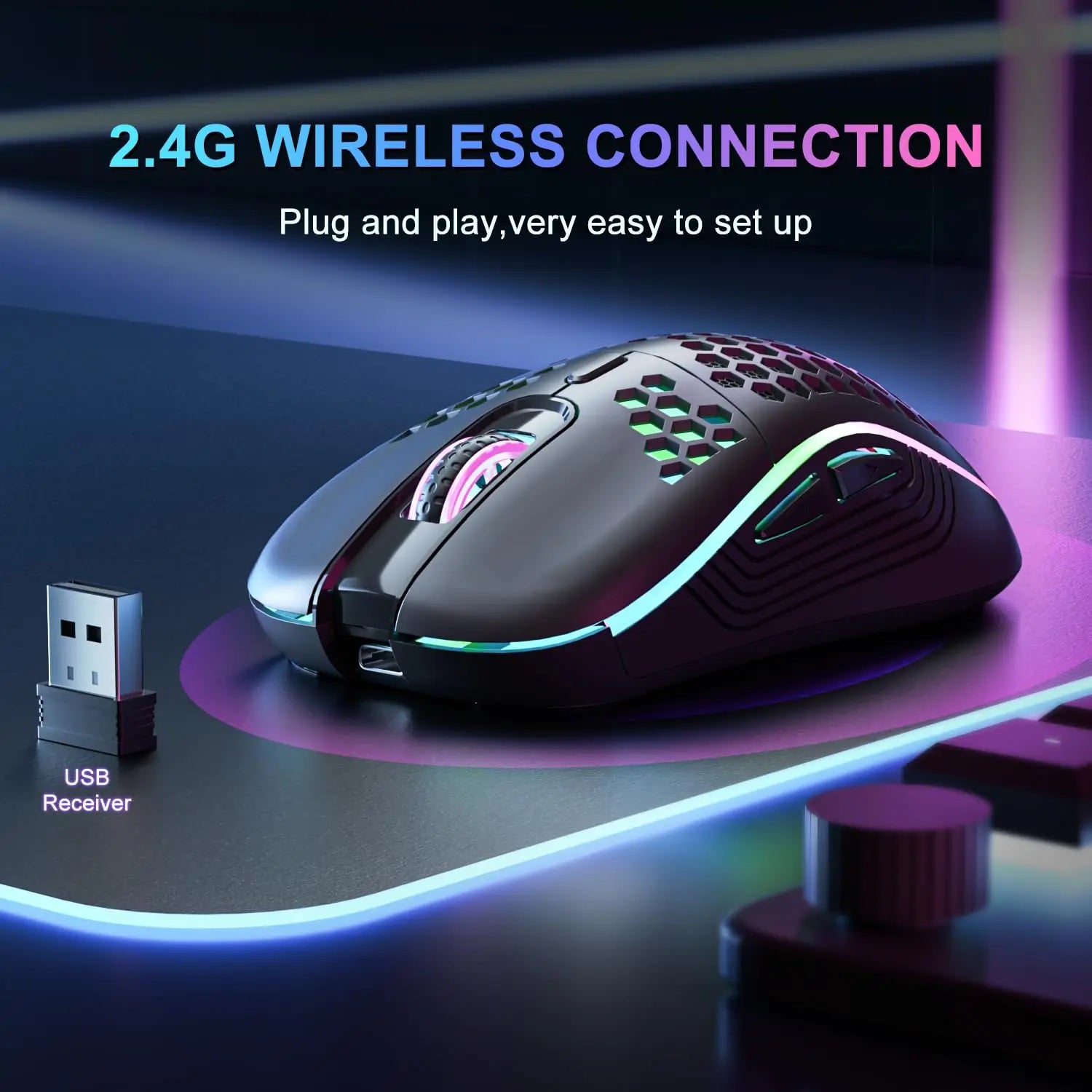 Ratón inalámbrico ligero con diseño de panal de abeja, Mouse recargable con retroiluminación RGB, receptor USB, DPI ajustable, 2,4G