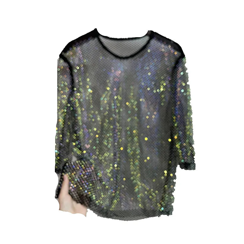 ColorShiny Diamonds-Camiseta básica de sílabas eléctricas para mujer, Top ajustado de cristal con cuello redondo, media manga, Sexy, para fiesta y Club