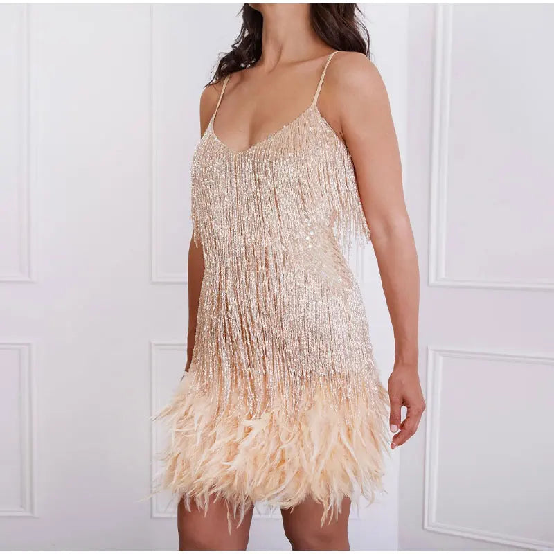 2025 nuevo Sexy borla lentejuelas pluma Mini vestido mujeres Spaghetti Strap costura vestidos mujer elegante vestido de fiesta de noche Club