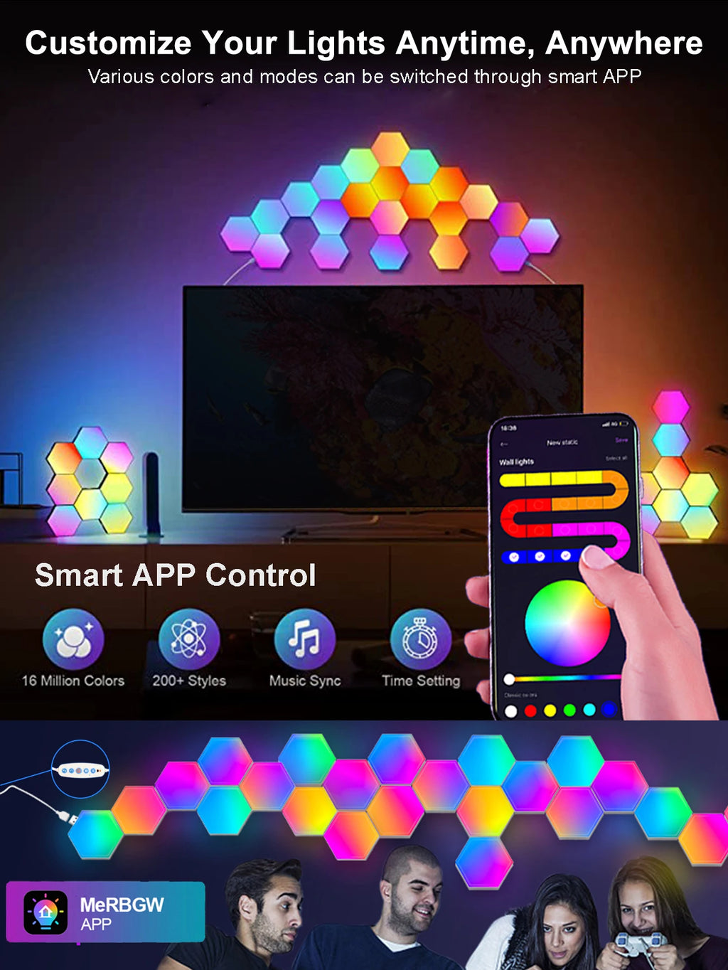 Lámpara de pared Hexagonal inteligente Fivemi RGB, luz nocturna ambiental que cambia de Color, Hexagonal DYI, ritmo musical, Control por aplicación, sala de juegos y dormitorio