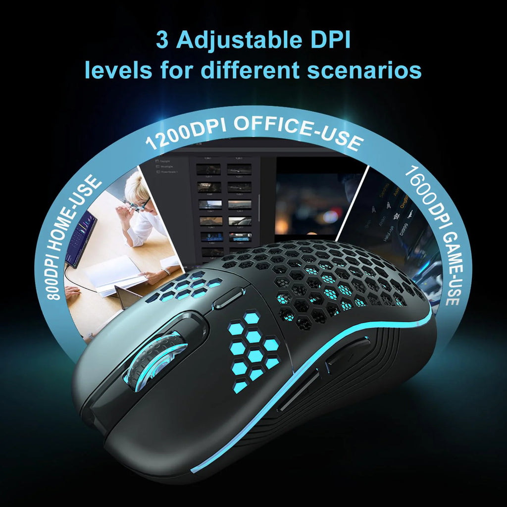 Ratón inalámbrico ligero con diseño de panal de abeja, Mouse recargable con retroiluminación RGB, receptor USB, DPI ajustable, 2,4G