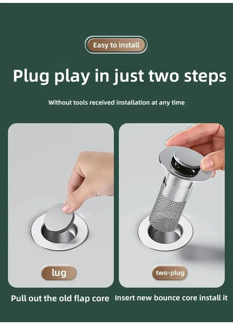 Tapón de fuga para lavabo de acero inoxidable con núcleo rebotante antiolor, tapón de desagüe a presión para fregadero, accesorio universal para lavabo, instalación fácil, anti‑catarata, duradero, premium topplus 202