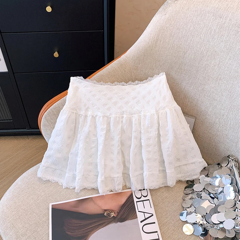 Balletcore Minifalda con volantes y ribete de encaje Falda blanca escalonada de tiro bajo Verano Mujer TeenGirl Y2K Traje gótico