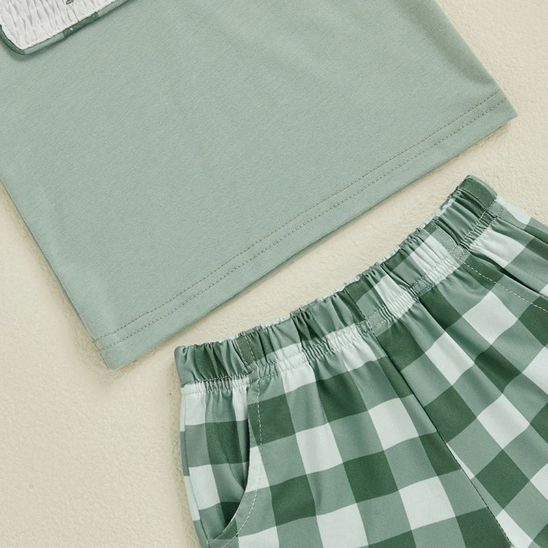 Conjuntos de ropa para el día de la madre, niñas y niños, trajes para niños pequeños, camiseta de manga corta con bordado de letras y pantalones cortos a cuadros, conjuntos de 2 uds.
