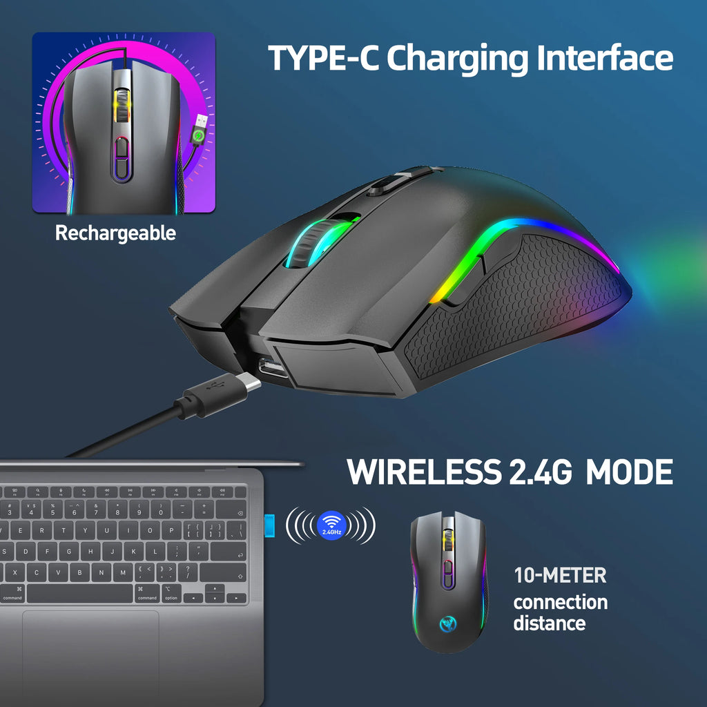 Ratón para juegos RGB inalámbrico recargable 2,4G, ratón retroiluminado ergonómico para juegos para ordenador portátil y PC