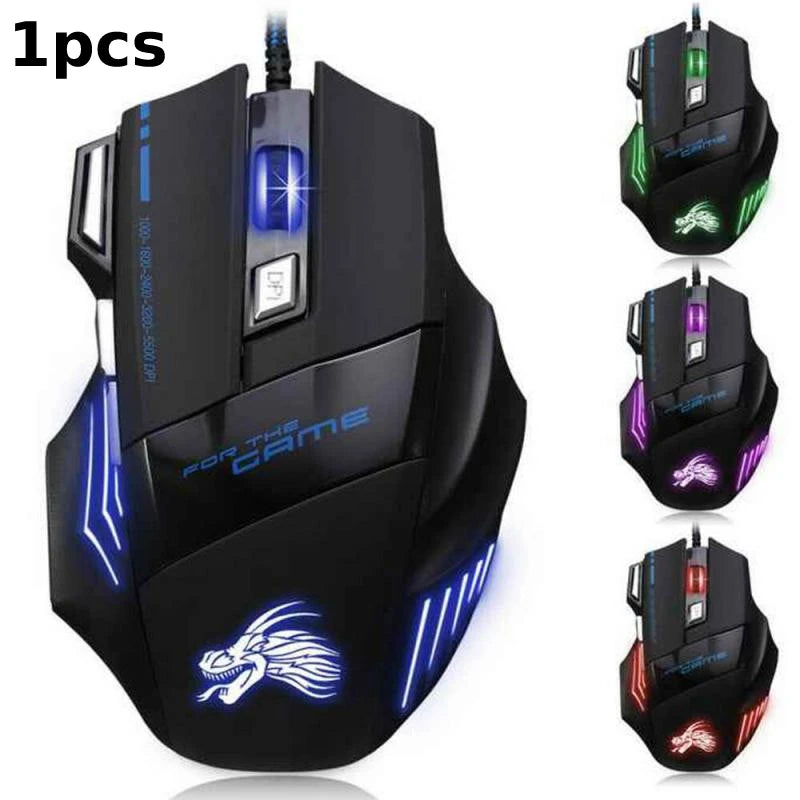 Ratón óptico con cable para juegos, periférico ergonómico retroiluminado con 7 botones, 5500 DPI, ajustable, para PC, ordenador de escritorio