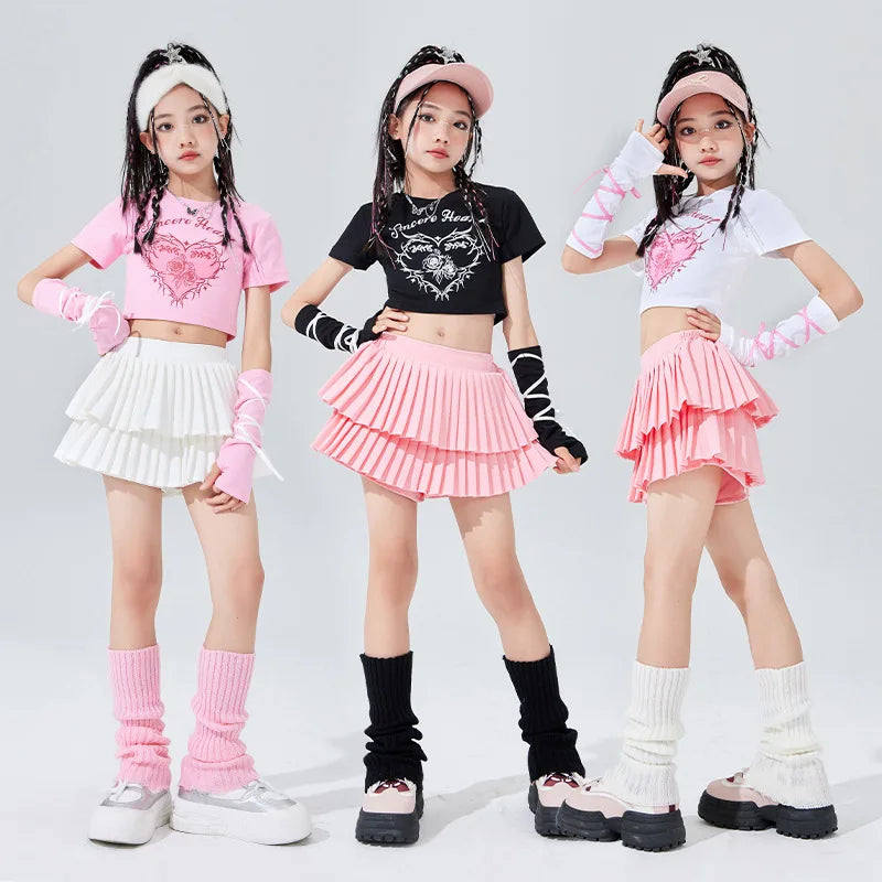 Ropa bonita de Hip Hop para chico, camiseta corta con estampado rosa, mangas, minifalda plisada en capas blancas para niñas, tra