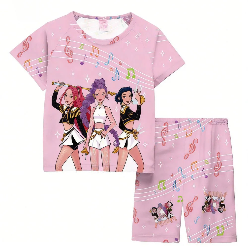 Conjuntos de pijamas para niñas, pijamas de verano para niños pequeños de 3 a 8, 10, 11 y 12 años, Kpop Demon Hunters, camisetas y pantalones cortos, conjunto de pijamas de dos piezas