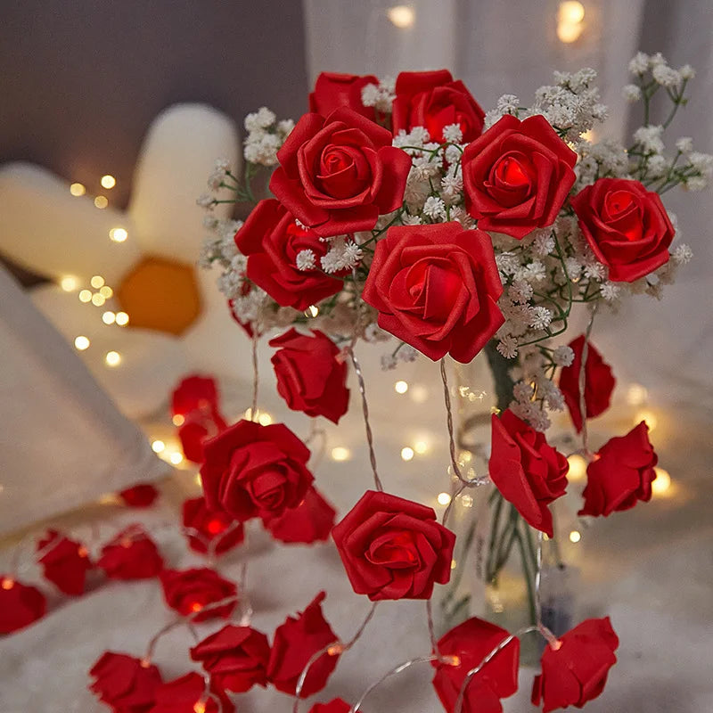 Guirnalda de Luces LED de 3m con 20 Rosas Artificiales, Funciona con Pilas, Decoración para Bodas, Habitaciones, Ramadán, Regalos para el Día de la Madre
