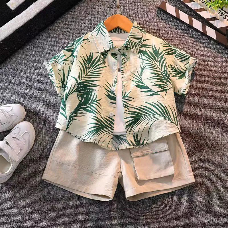 Camisa de manga corta para niños, camisa de flores para playa y playa de verano, conjunto de pantalones cortos para niños