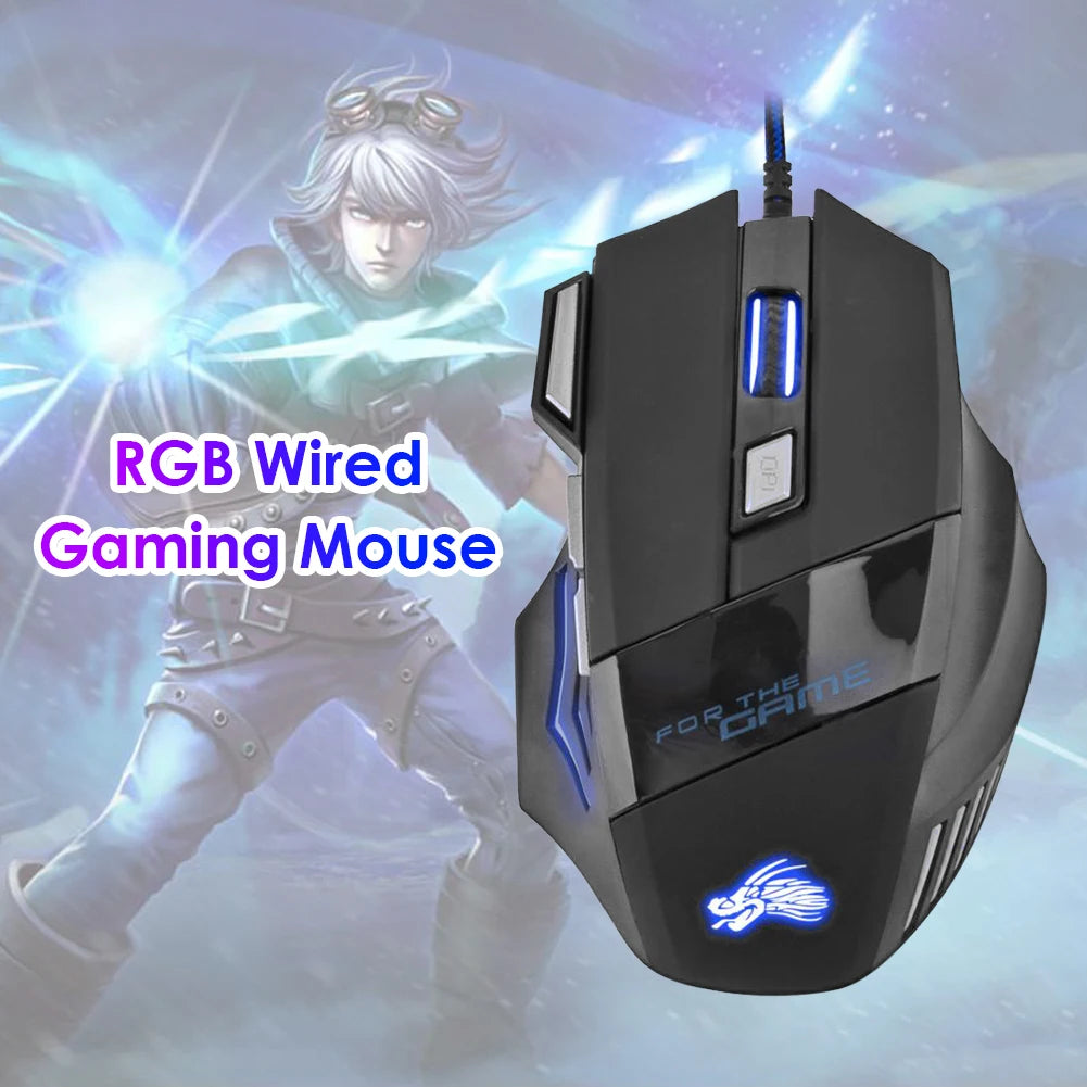 Ratón óptico con cable para juegos, periférico ergonómico retroiluminado con 7 botones, 5500 DPI, ajustable, para PC, ordenador de escritorio