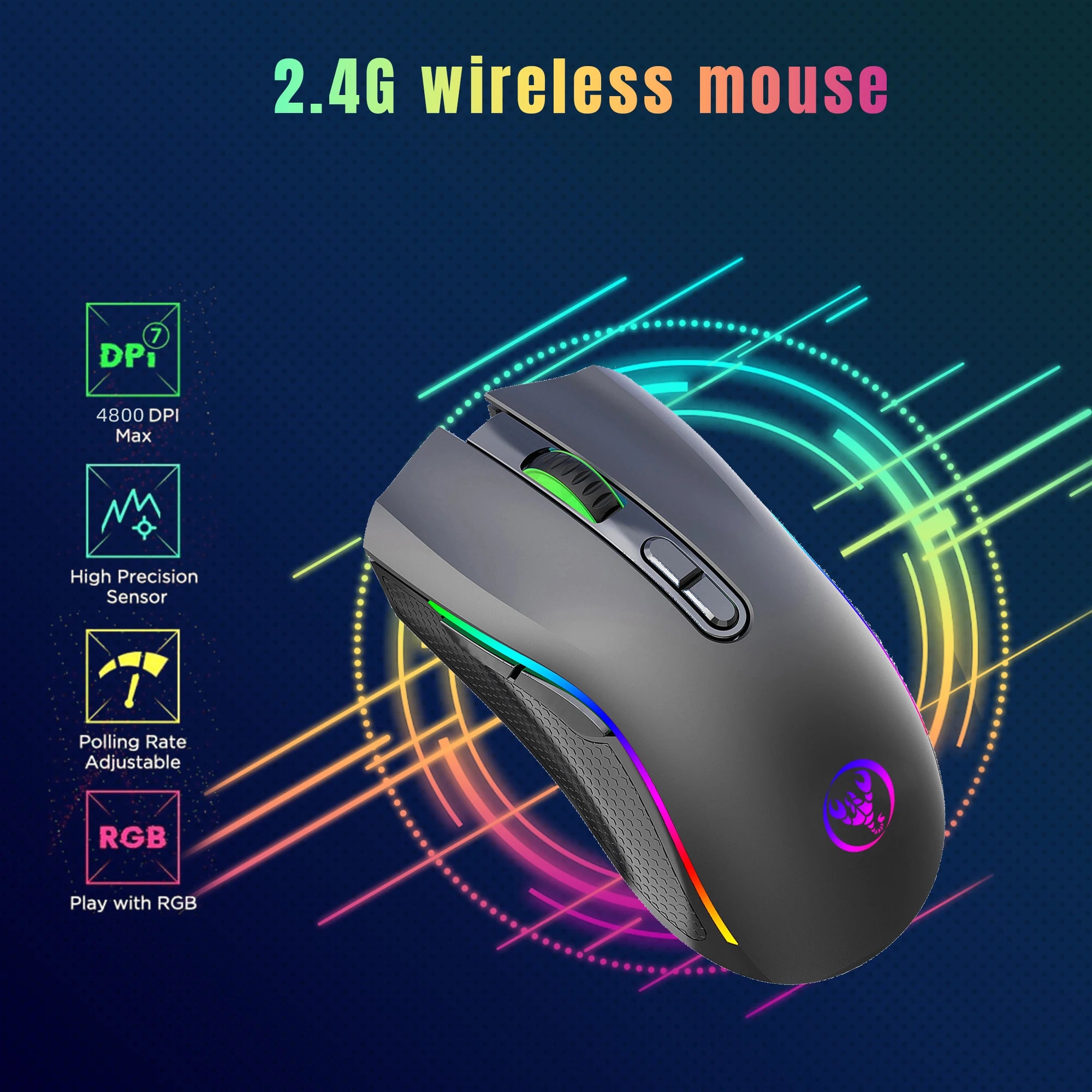 Ratón para juegos RGB inalámbrico recargable 2,4G, ratón retroiluminado ergonómico para juegos para ordenador portátil y PC