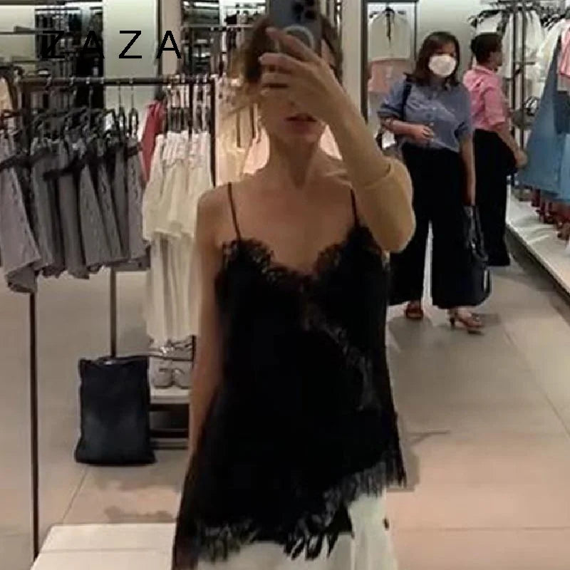 Verano mujeres Halter Top satén encaje empalmado tanque sin espalda cuello profundo Sexy chaleco dobladillo Irregular Vestidos 2025 señora vacaciones Sexy Tops