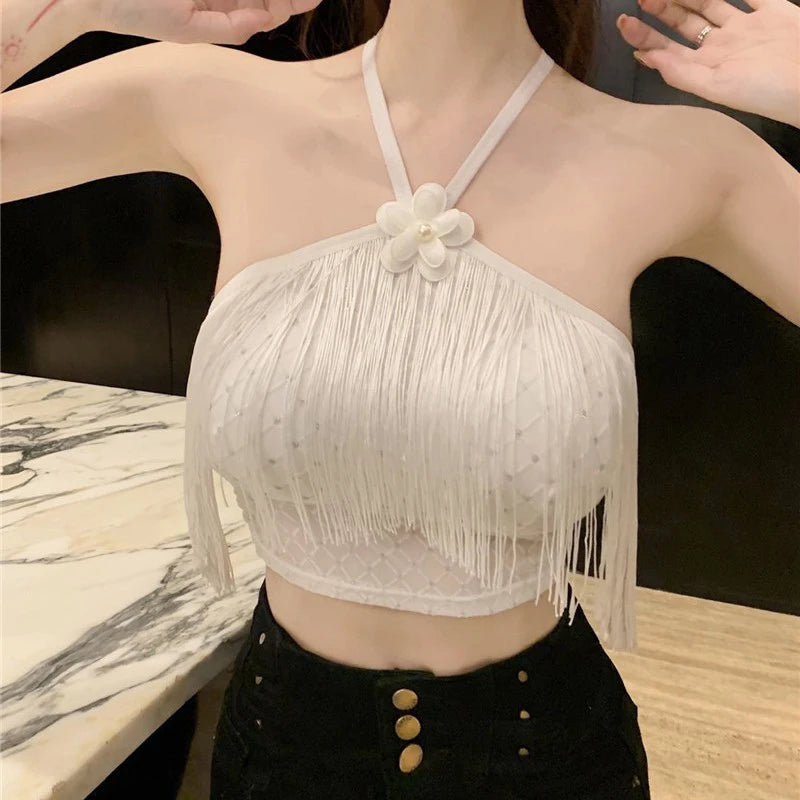 Camisola Sexy con cuello Halter y borlas para mujer, camiseta sin mangas ajustada de Color sólido