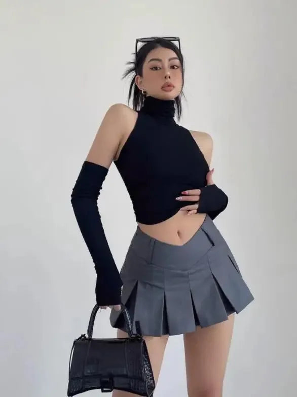 Top sin mangas Sexy para primavera y verano, Top corto plisado con mangas para chica picante y cuello alto, camiseta para mujer, ropa informal ajustada Y2k