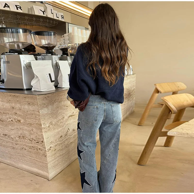 Pantalones vaqueros elegantes con decoración de perlas para mujer, pantalones de pierna ancha de cintura alta, ropa de calle nueva de moda, pantalones de lujo 2025