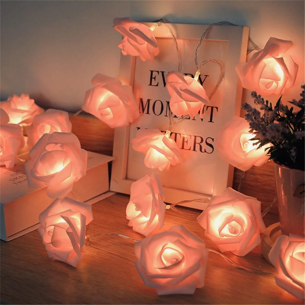 Guirnalda de Luces LED de 3m con 20 Rosas Artificiales, Funciona con Pilas, Decoración para Bodas, Habitaciones, Ramadán, Regalos para el Día de la Madre