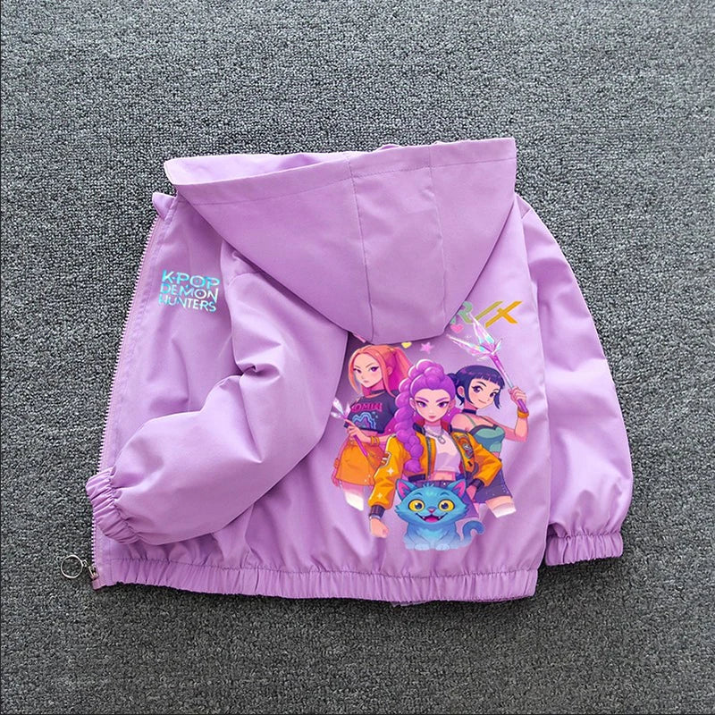 Chaqueta Cortavientos para Niñas Adolescentes K-pop Demon Hunters 2026 Primavera Otoño, Chaqueta con Capucha Estampada de Dibujos Animados, Ropa Exterior Impermeable