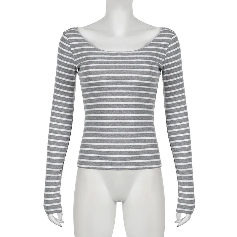Lamuusaa Grunge Top y2k ropa mujer Cybercore rayas fuera del hombro Camiseta de manga larga 2000s ropa gótica ropa de calle de otoño