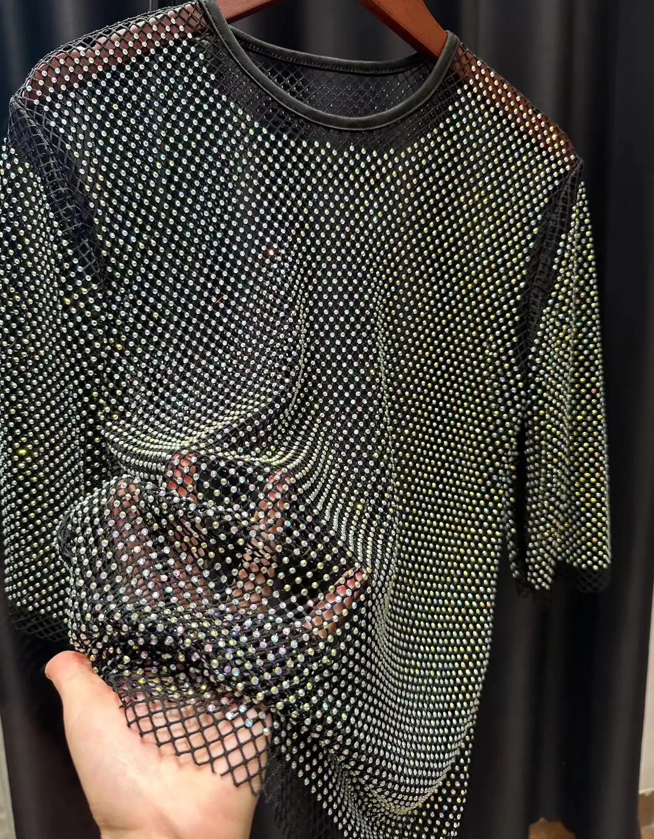 ColorShiny Diamonds-Camiseta básica de sílabas eléctricas para mujer, Top ajustado de cristal con cuello redondo, media manga, Sexy, para fiesta y Club